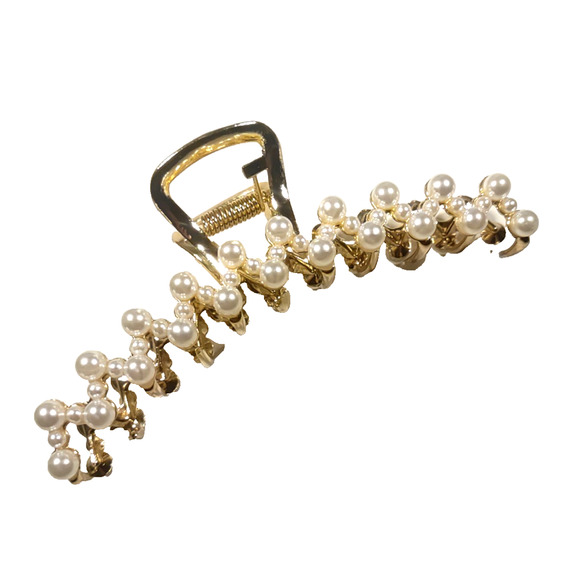 Alligator Clip Barrette Gold Tone Faux Pearl Large Classic - Picture 1 of 6